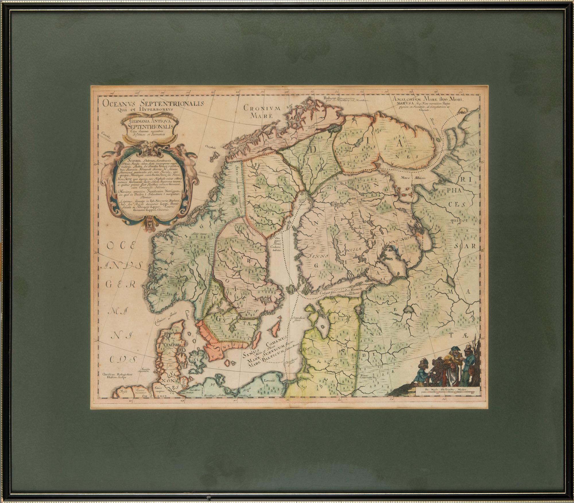 Caspar Dankwerth & J Meyer, karta Skandinavien, handkolorerat kopparstick, Husum 1652.