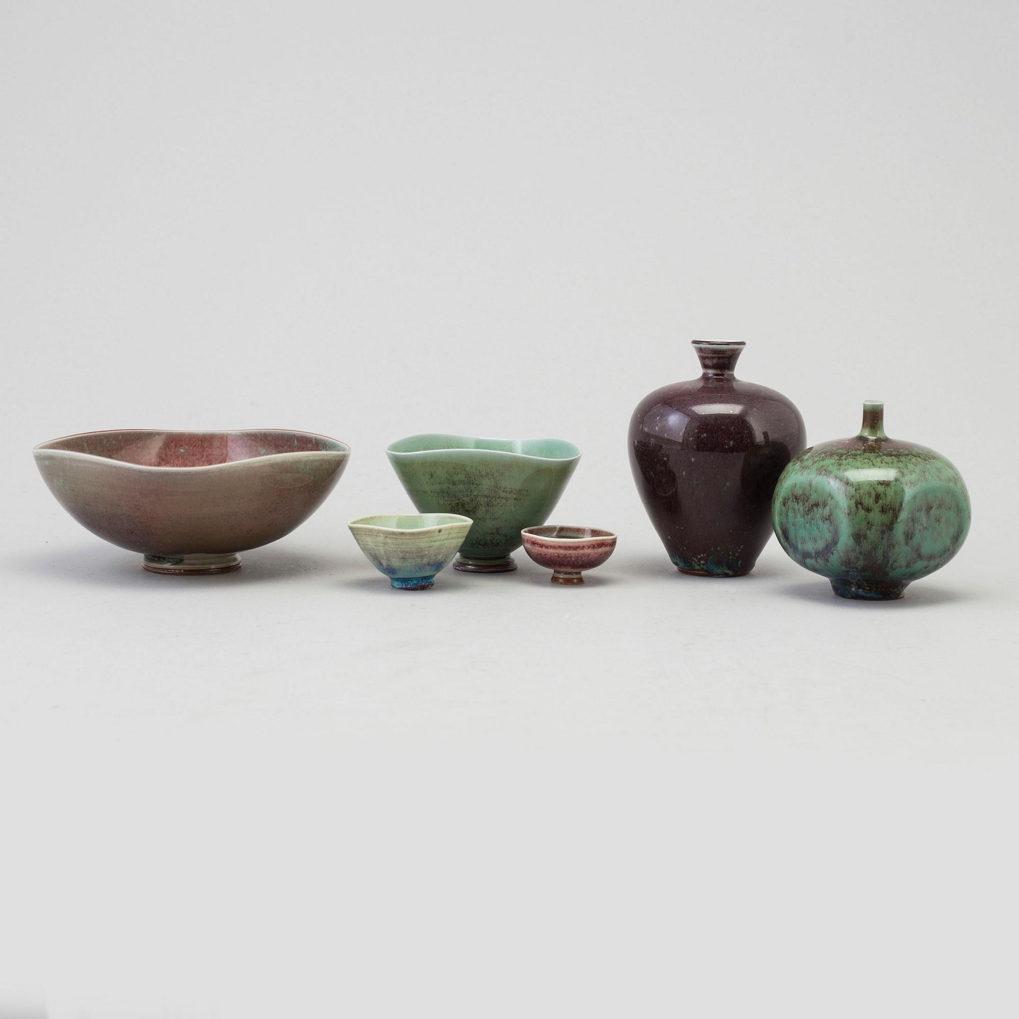 BERNDT FRIBERG, a set of two stoneware vases and four bowls, Gustavsberg studio, Sweden 1970's.