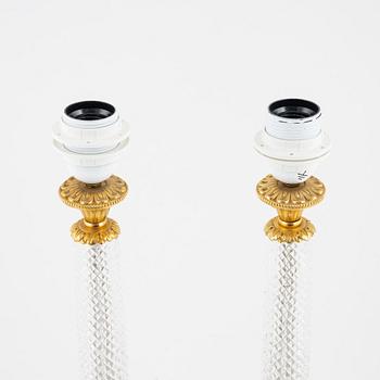 A pair of Empire-style glass and cut glass table lamps, late 20th century.
