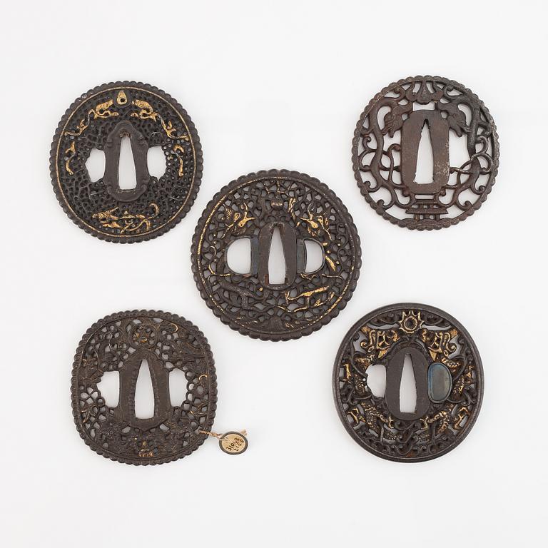 Five iron tsubas, Edo period.
