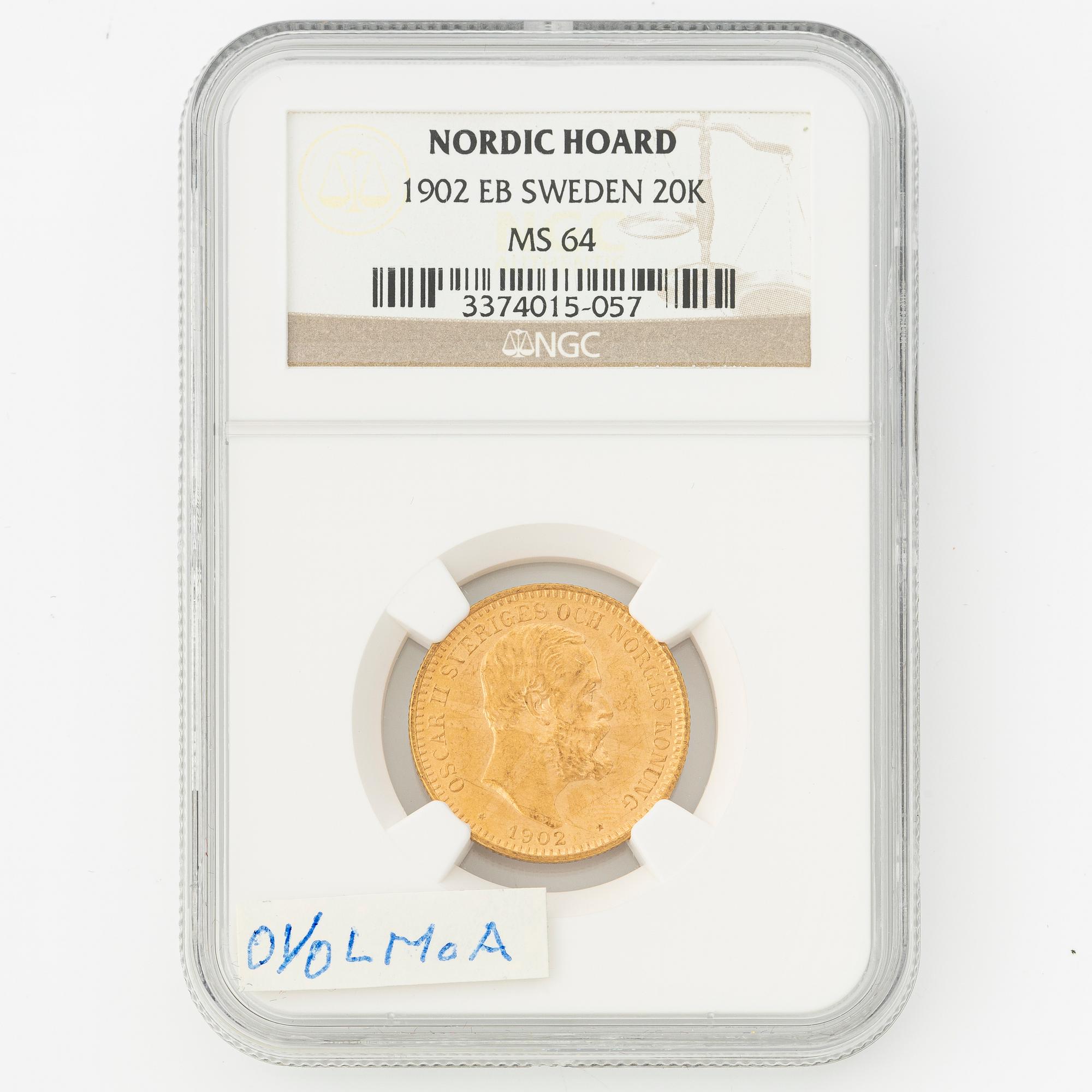 Guldmynt, Oscar II, 20 kronor, typ IV, Sverige 1902.