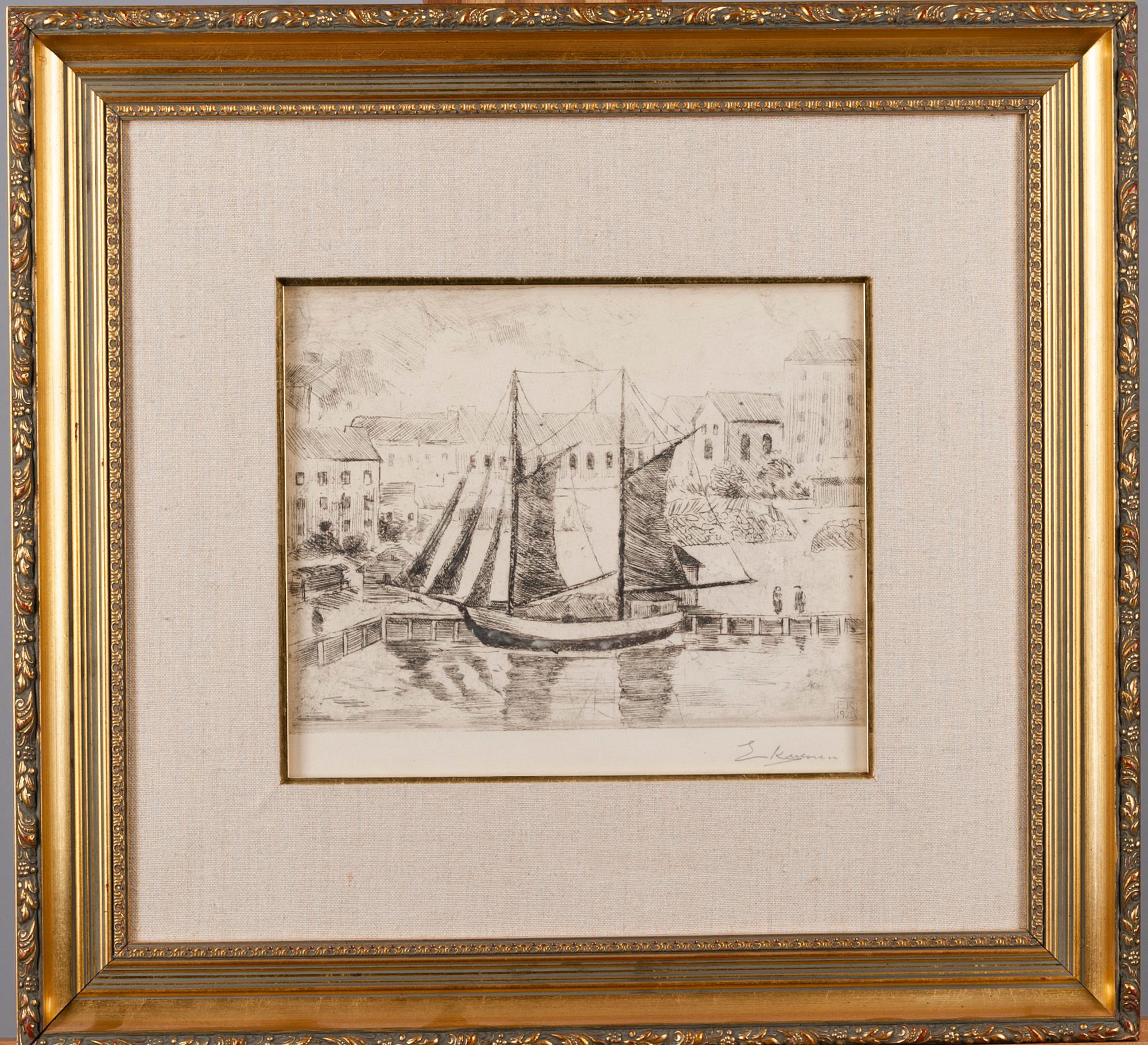 ERKKI KULOVESI, etsaus, signeerattu ja monogrammisigneerattu ja päivätty laattaan1925 .