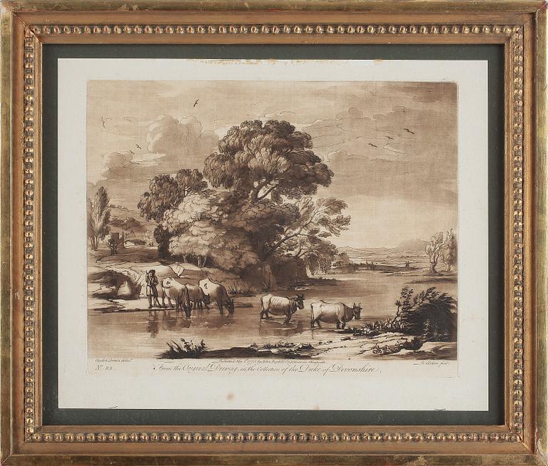 CLAUDE LORRAIN, efter, gravyrer, 2 st utförda av Richard Earlom, England 1800-tal.