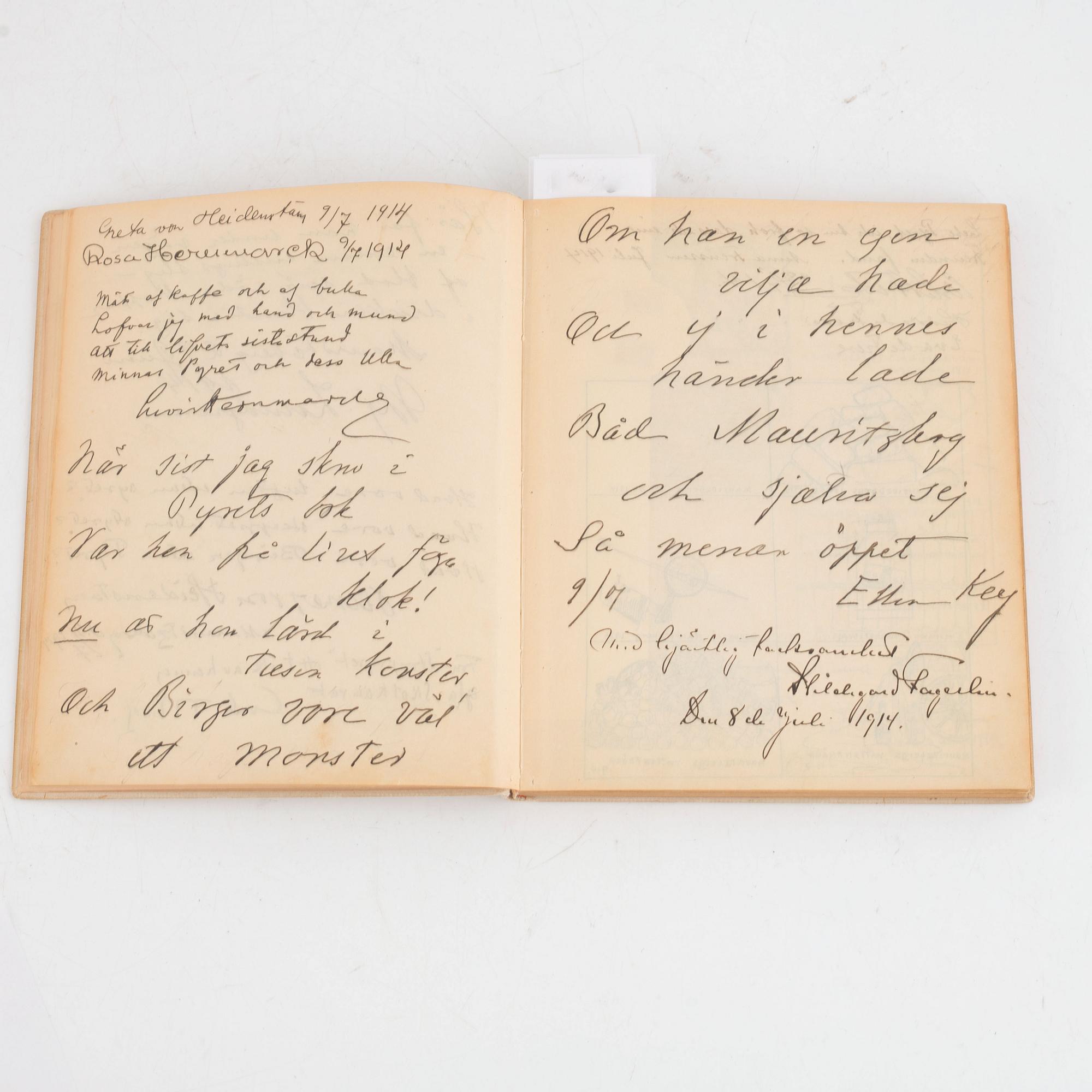 Gästbok med bidrag av bl. a. Ellen Key, Carl Milles och Heidenstam.