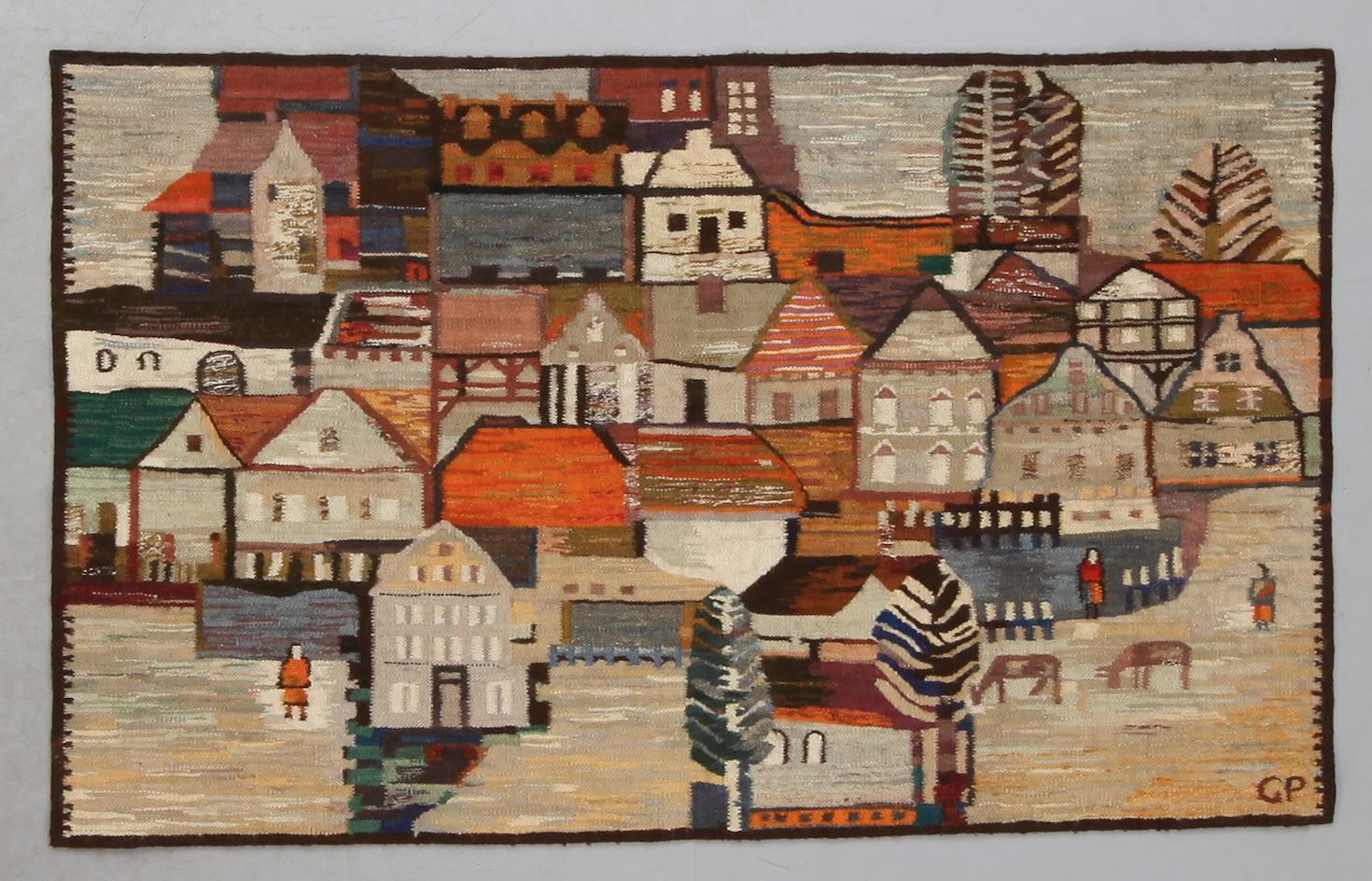 VÄVNAD, linne och ull, signerad GP. Etikettmärkt Piotr Grabowski, 1900-talets senare hälft. Ca 152 x 95 cm.