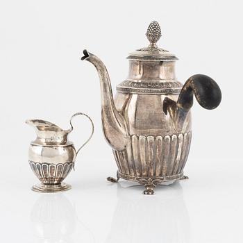 Coffee pot, silver, Anders Lundqvist, Stockholm, Sweden, 1817, and cream jug, silver, Sweden, 1834.