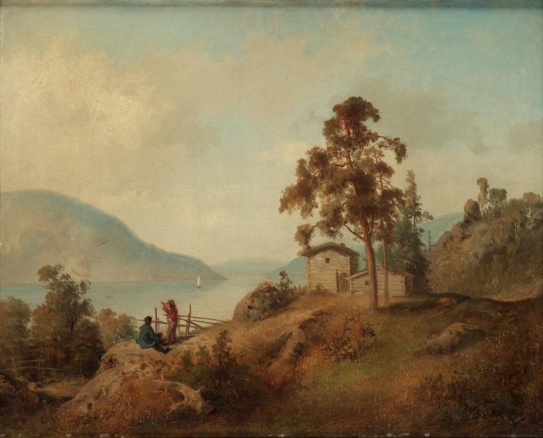 Alfred Wahlberg, A fjord landscape with figures.