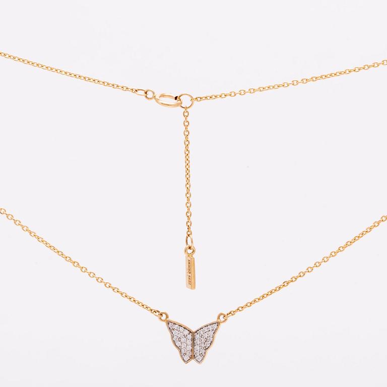 Necklace 18K with brilliant-cut diamonds 0,16 ct inscribed, approx 45 cm, butterfly approx 1 x 1 cm, original case.
