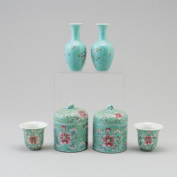 A lot of Chinese turquoise-ground porcelain vases, cups and lidded jars, 20th century.
