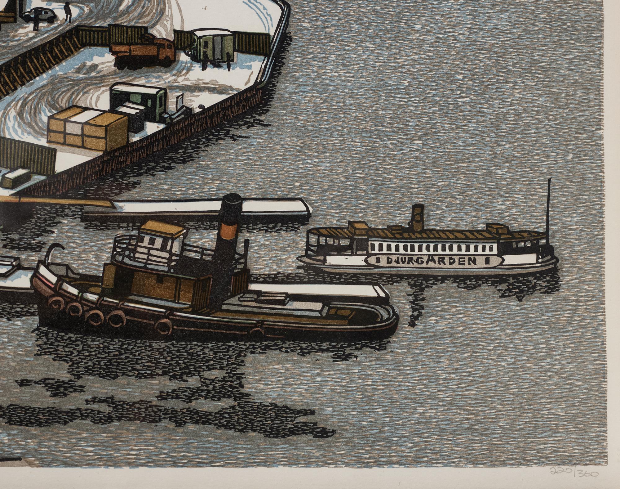 SVENOLOV EHRÉN, färgträsnitt, samramade motiv över slussen. 225/360.