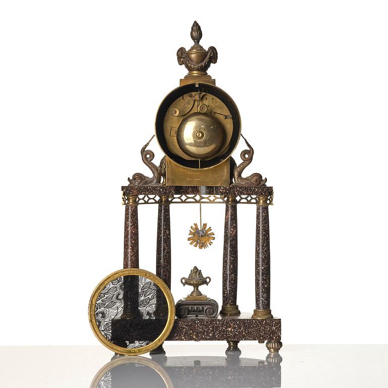 A late Gustavian ormolu and 'Blyberg' porphyry portico clock by E. Engelbrechten (watchmaker in Stockholm 1815-45).