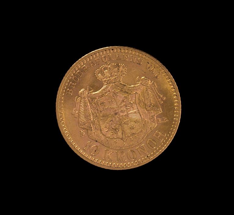 GULDMYNT, 10 kr, Oscar II, 1901. Vikt 4,5 g.