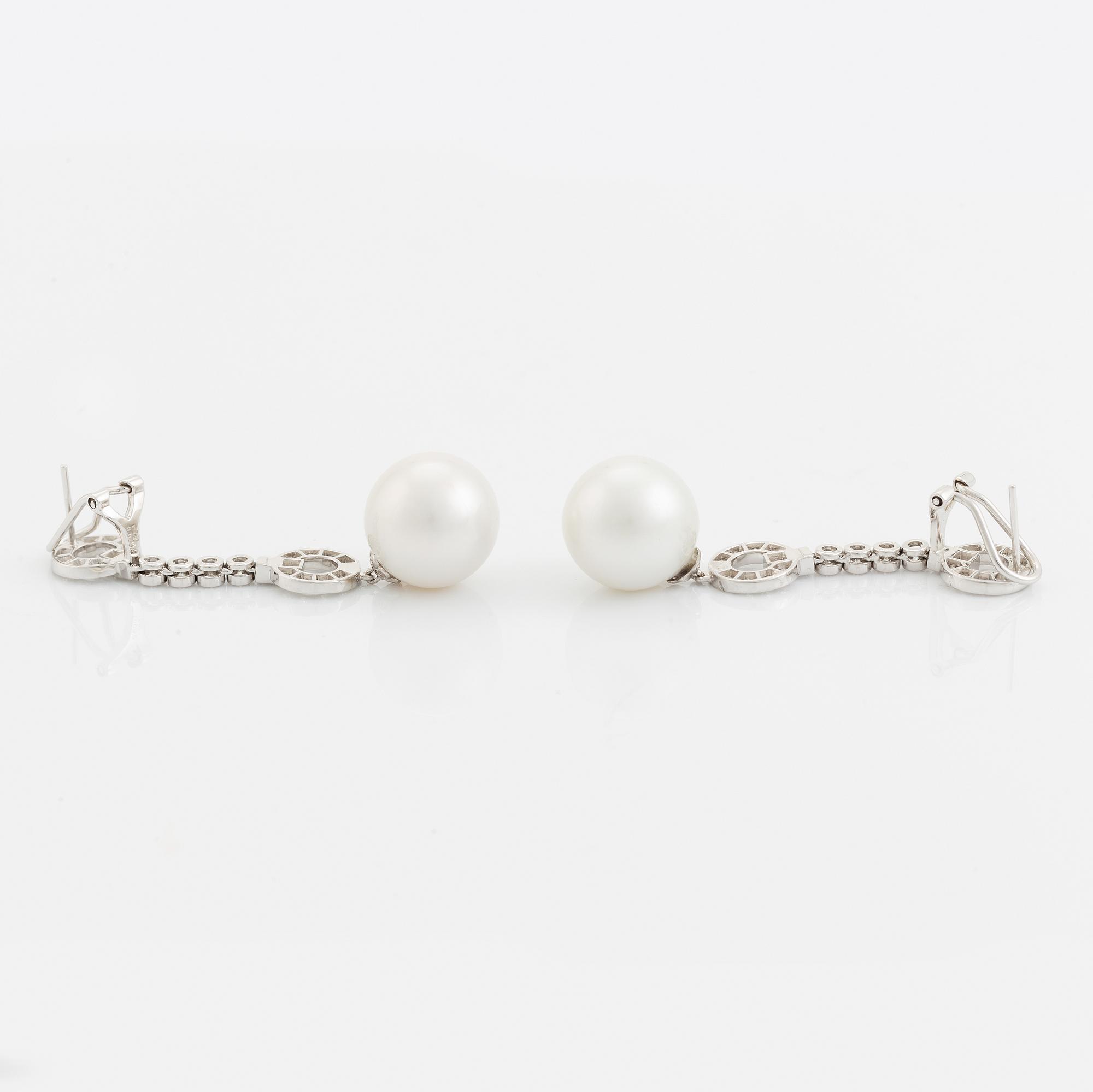 South sea pearl and brilliant cut diamond earrings.