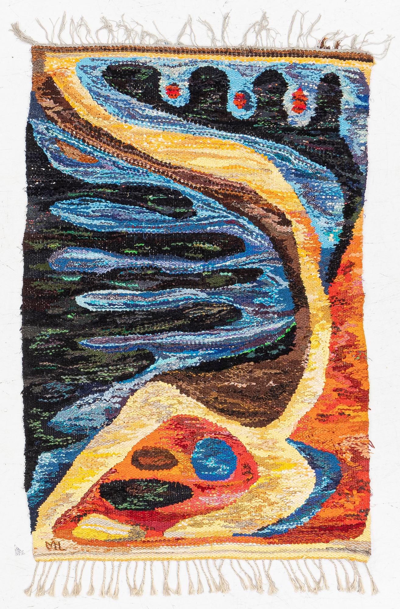 Maj Larsson, a wall hanging, rag rug, signed ML, c. 135 x 90 cm.