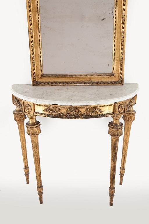 SPEGEL MED KONSOLBORD. Gustaviansk, 1700-talets slut.