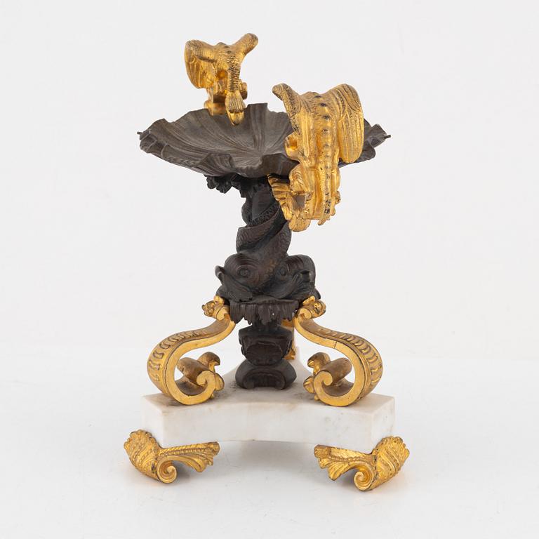 A presumably Italian gilt, patinated bronze, and marble Empire style tazza, late 19th century.