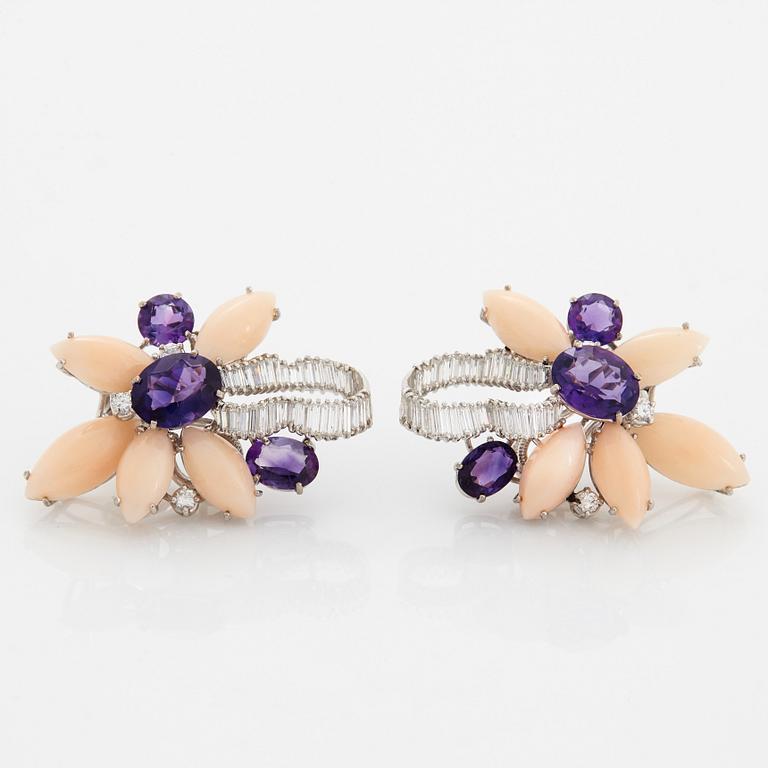 A pair of 18K white gold earrings set with faceted amethyst and coral.