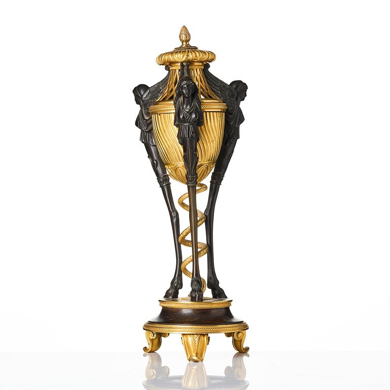 A French gilt and patinated bronze Empire-style brûle-parfum, later part 19th century.