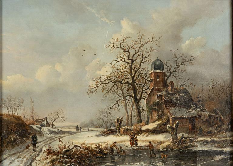 Fredrik Marinus Kruseman, tillskriven/hans krets, Vinterlandskap med figurer på isen.