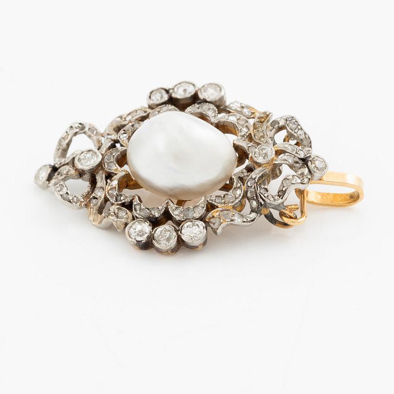Pendant/brooch, gold with a baroque pearl and old-cut diamonds.