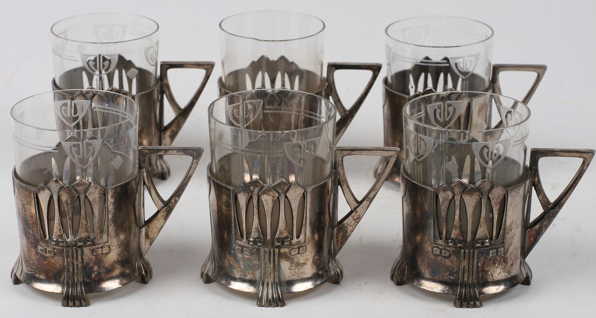 TEGLAS, 6 st, vitmetall och glas, jugend, WMF, tidigt 1900-tal.