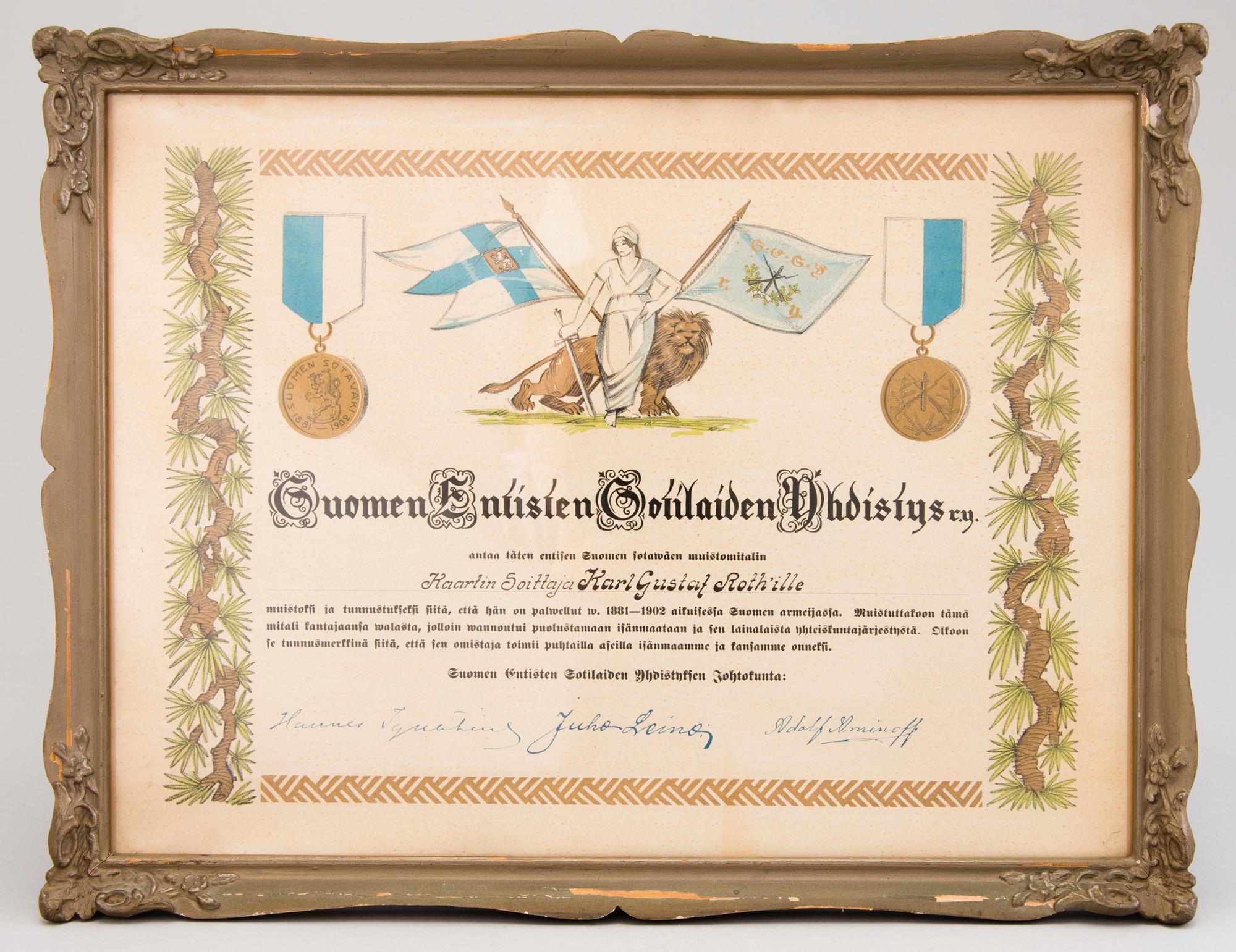 Finska krigsmaktens medaljer, 6 st, och böcker, 2 st, Finland, ca 1855-1931.