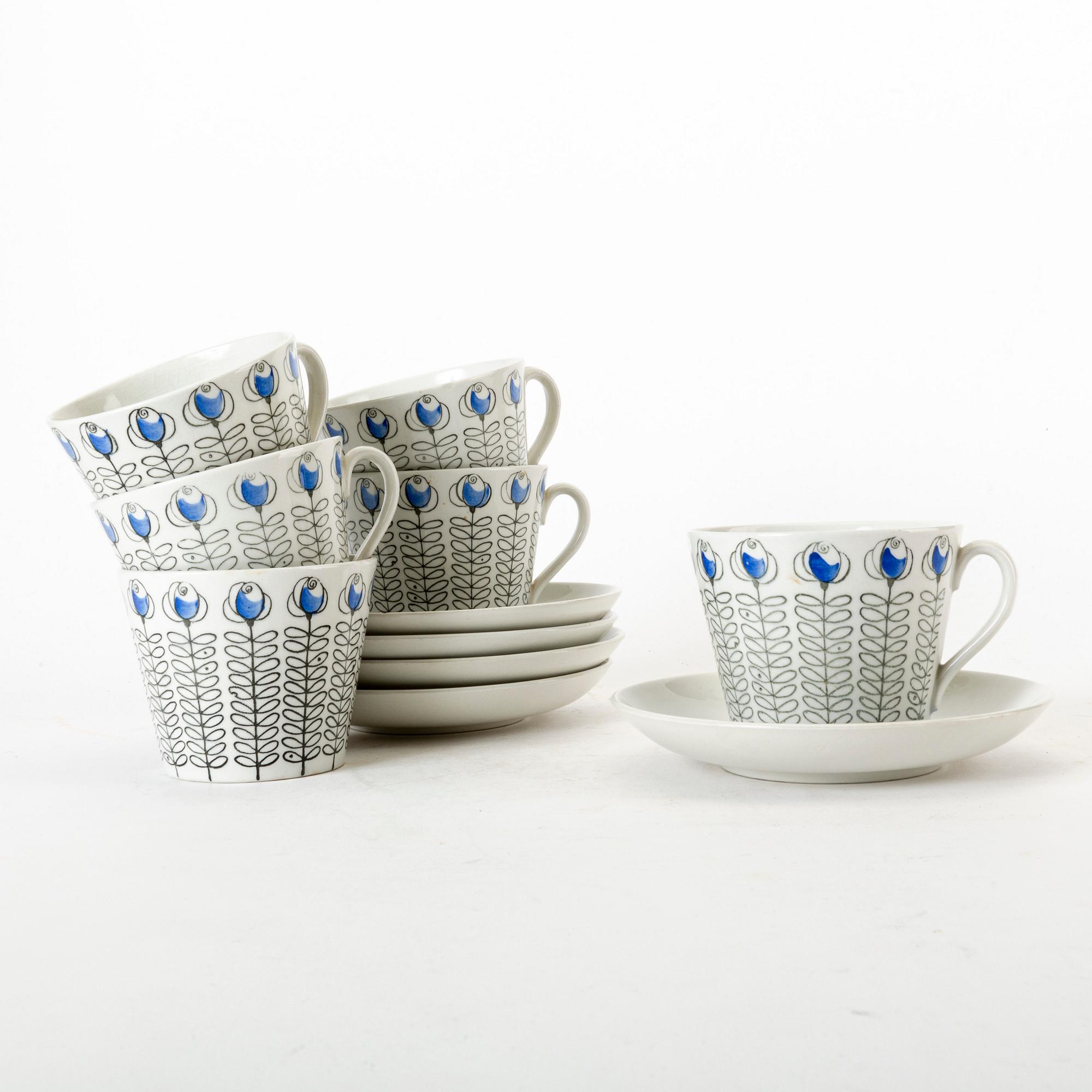 Arthur Percy, six porcelain teacups cups and five saucers, "Bukett" Gefle, Sweden.