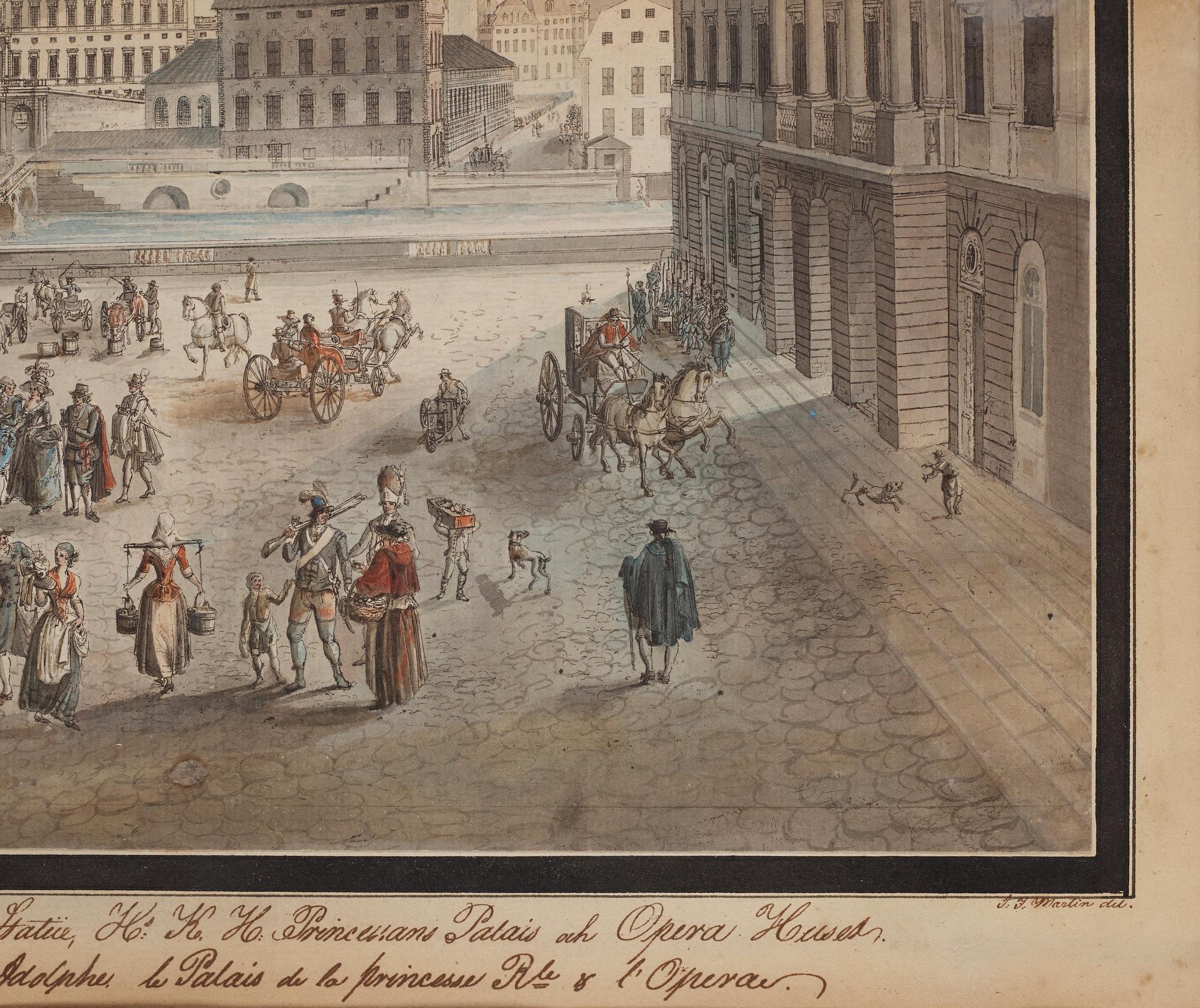 Johan Fredrik Martin, "Utsigt af Norrmalms Torg, Gustaf Adolphs Statue, Kongl Slottet, H.K. Höghets Prinsessans Palais samt Opera Huset".
