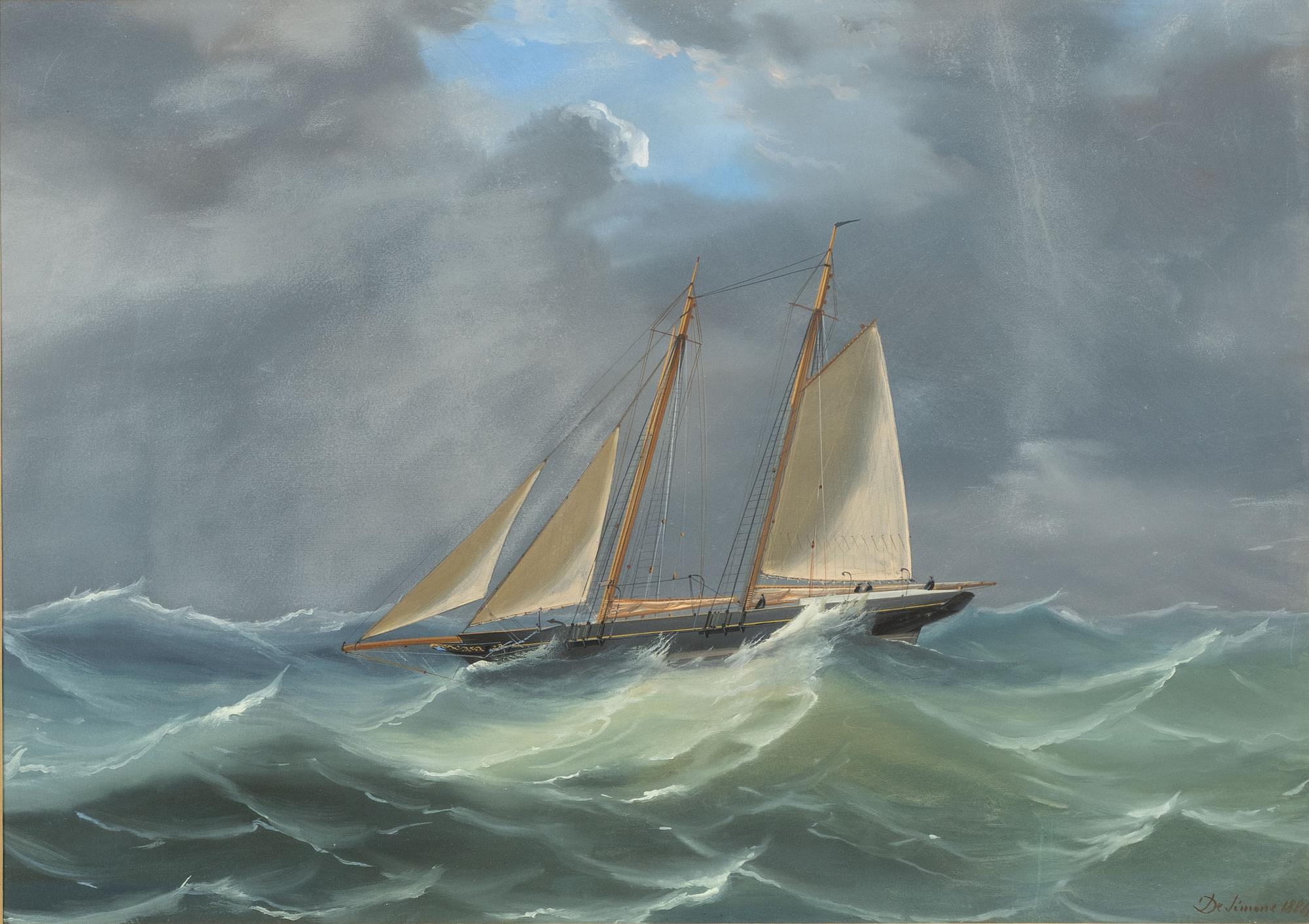 Tomasso de Simone, Tvåmastade skonaren "Alcalda" i hårt väder.