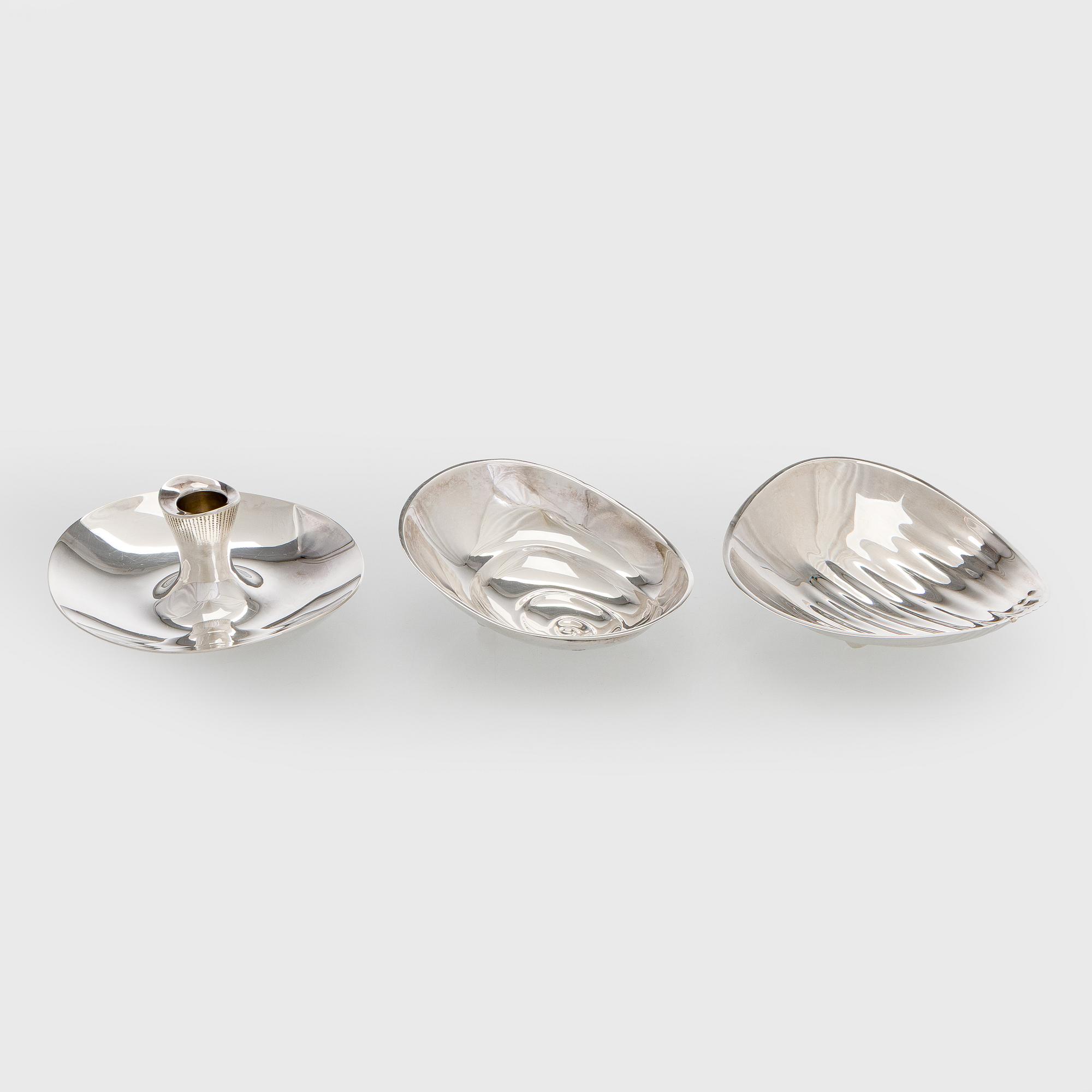 Tapio Wirkkala, Two silver bowls and a silver candlestick, Hopeatehdas, Helsinki, 1958 and 1961.