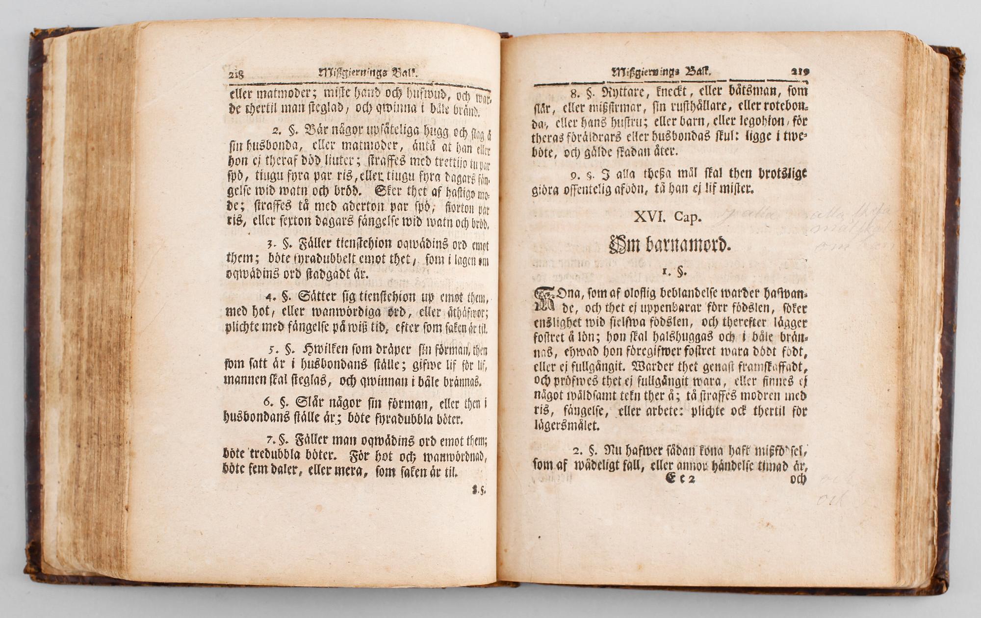 BOK: Sweriges Rikes Lag, 1734. Tryckt hos Ephraim Koch, Stockholm 1746.
