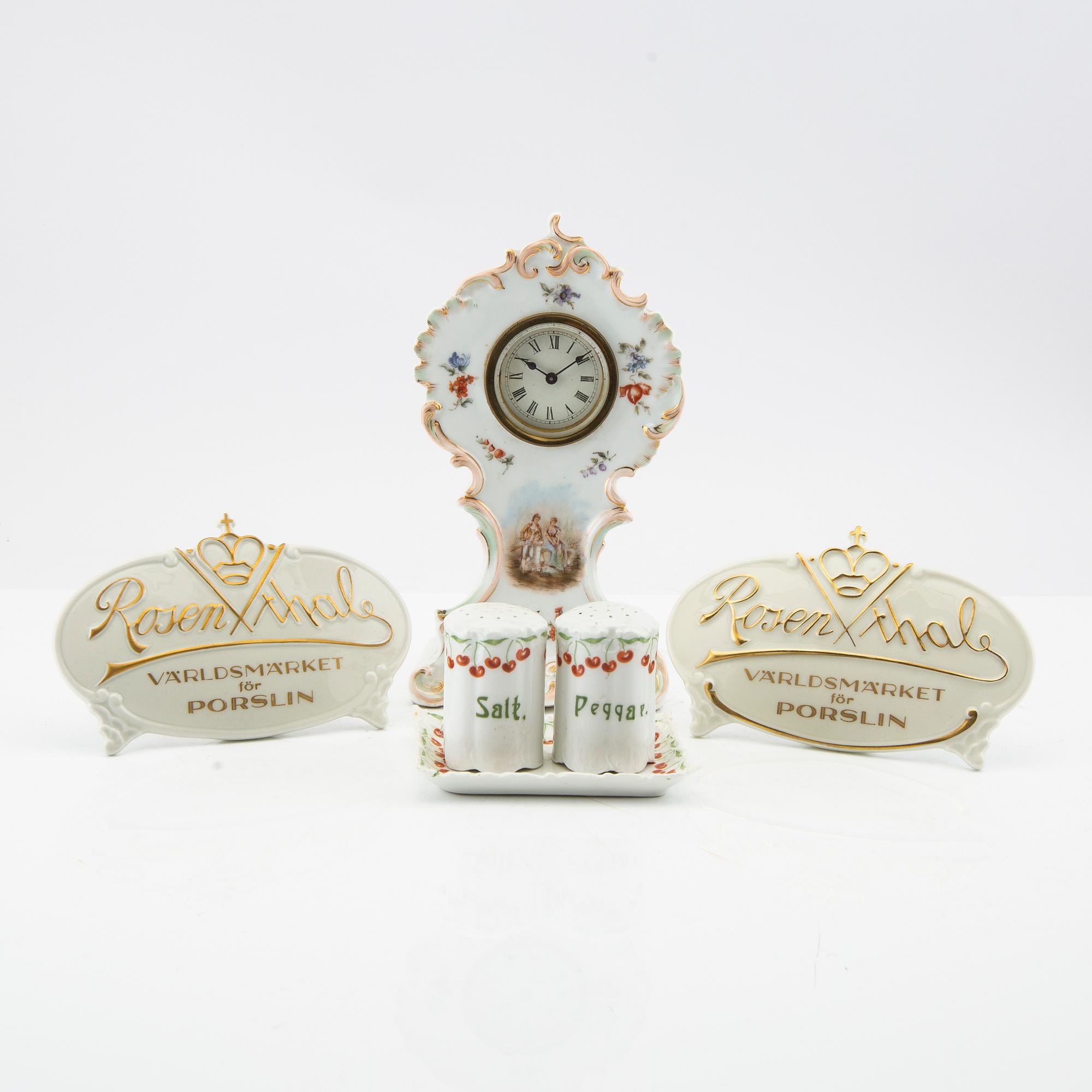 Bordsur samt salt/peppar-set och skyltar 2 st Rosenthal/Kronach Tyskland 1900-talets första hälft, porslin.
