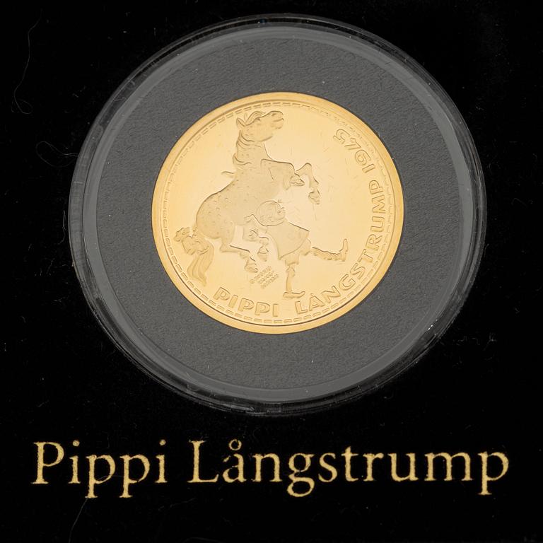 Astrid Lindgren, minnesmynt, 3 st, guld, 2004.