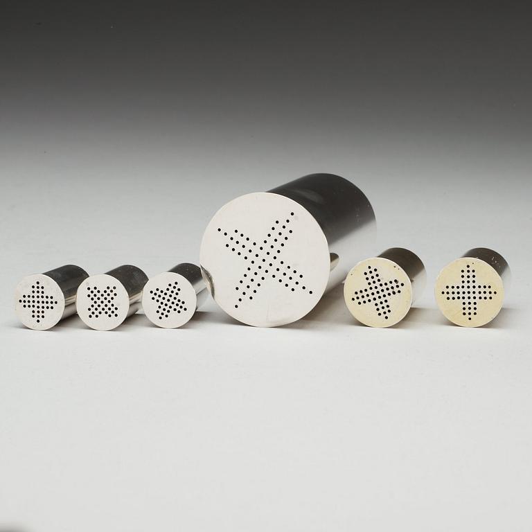 A set of six Wiwen Nilsson sterling cylindrical spice jars, Lund 1965 and -69.