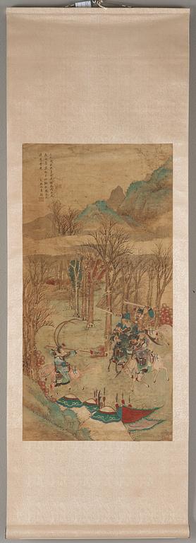 Four hanging scrolls with scenes from the history of the Three Kingdoms, late Qing dynasty (1644-1912).