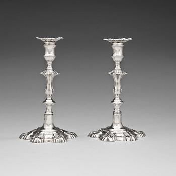 794. A pair of English mid 18th century silver candlesticks, marks of John Cafe, London 1753.