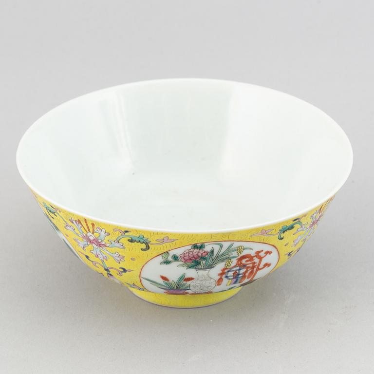 A famille rose  yellow ground bowl, China, 20th Century.
