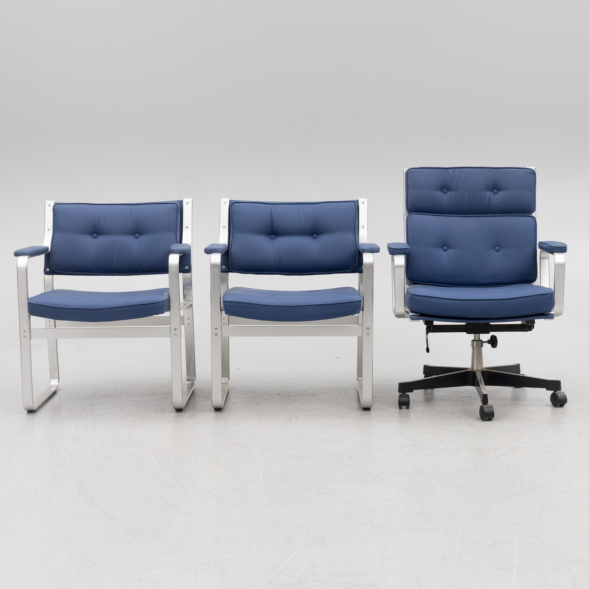 Karl Erik Ekselius, a pair of armchairs and a desk chair, 'Mondo', JOC Möbler, second half of the 20th Century.