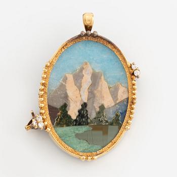 Brooch/pendant, gold, brilliant-cut diamonds, micromosaic in the form of a mountain landscape.