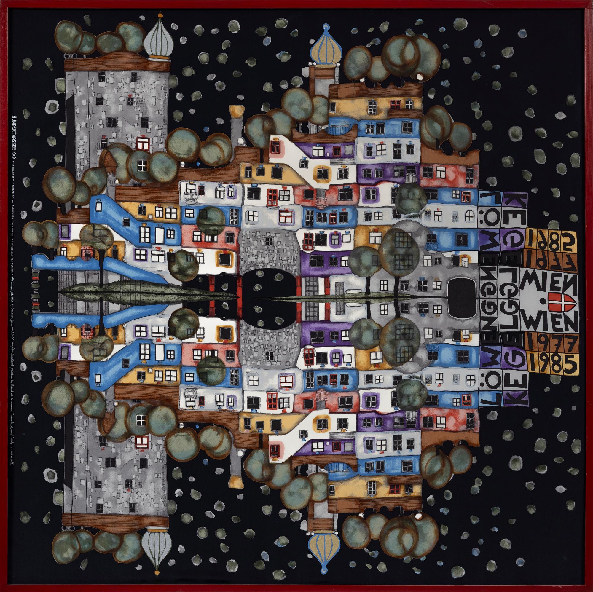 Friedensreich Hundertwasser, efter, textil, motiv 871, "Huset är människans reflektion".