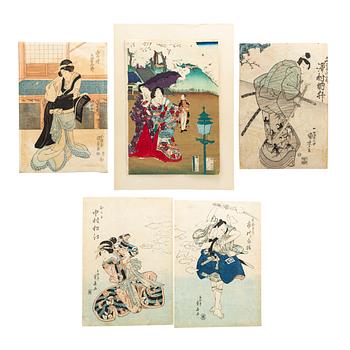 Five Japanese colored woodblock prints, including KUNIYOSHI, SHIGEHARU, KUNISADA, 19th century.