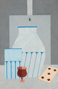 45. Otto G Carlsund, Still life with glass, vases and playing cards.