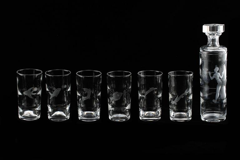 GLAS, 6 st, samt KARAFF, glas, Kosta, 1930/40-tal.