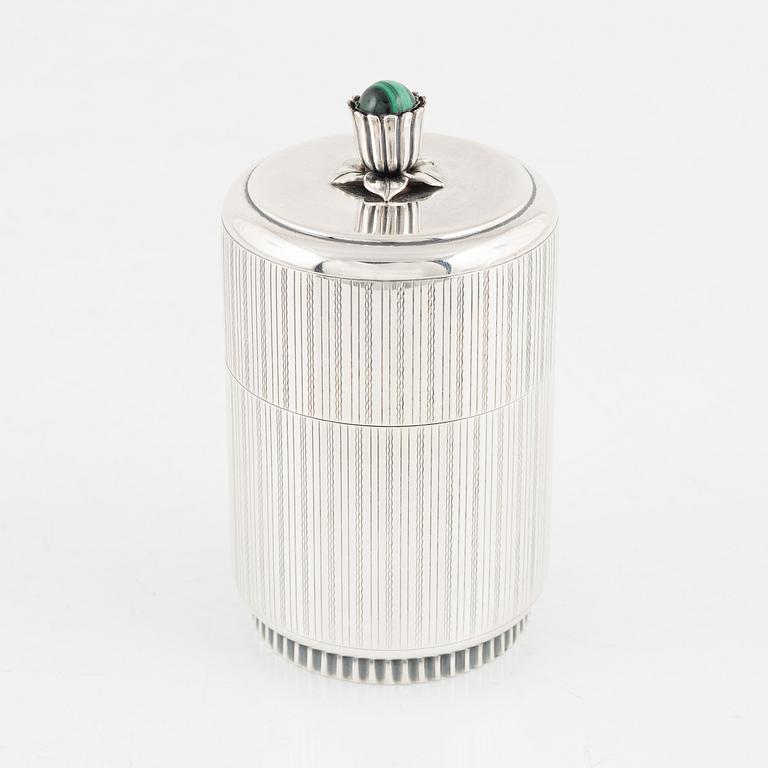 Tore Eldh, a silver and malachite lidded box, mark of K & EC, Göteborg 1951.