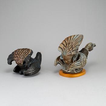 GUNNAR NYLUND, two capercaille stoneware figurines, Rörstrand, Sweden.