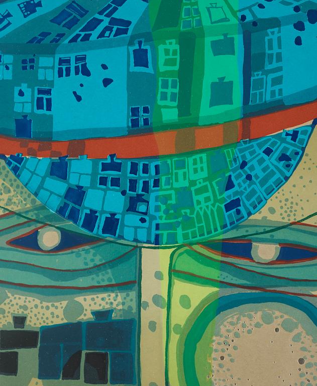 FRIEDENSREICH HUNDERTWASSER, a colour litograph with metal stamp, signed and numbered 244/250.