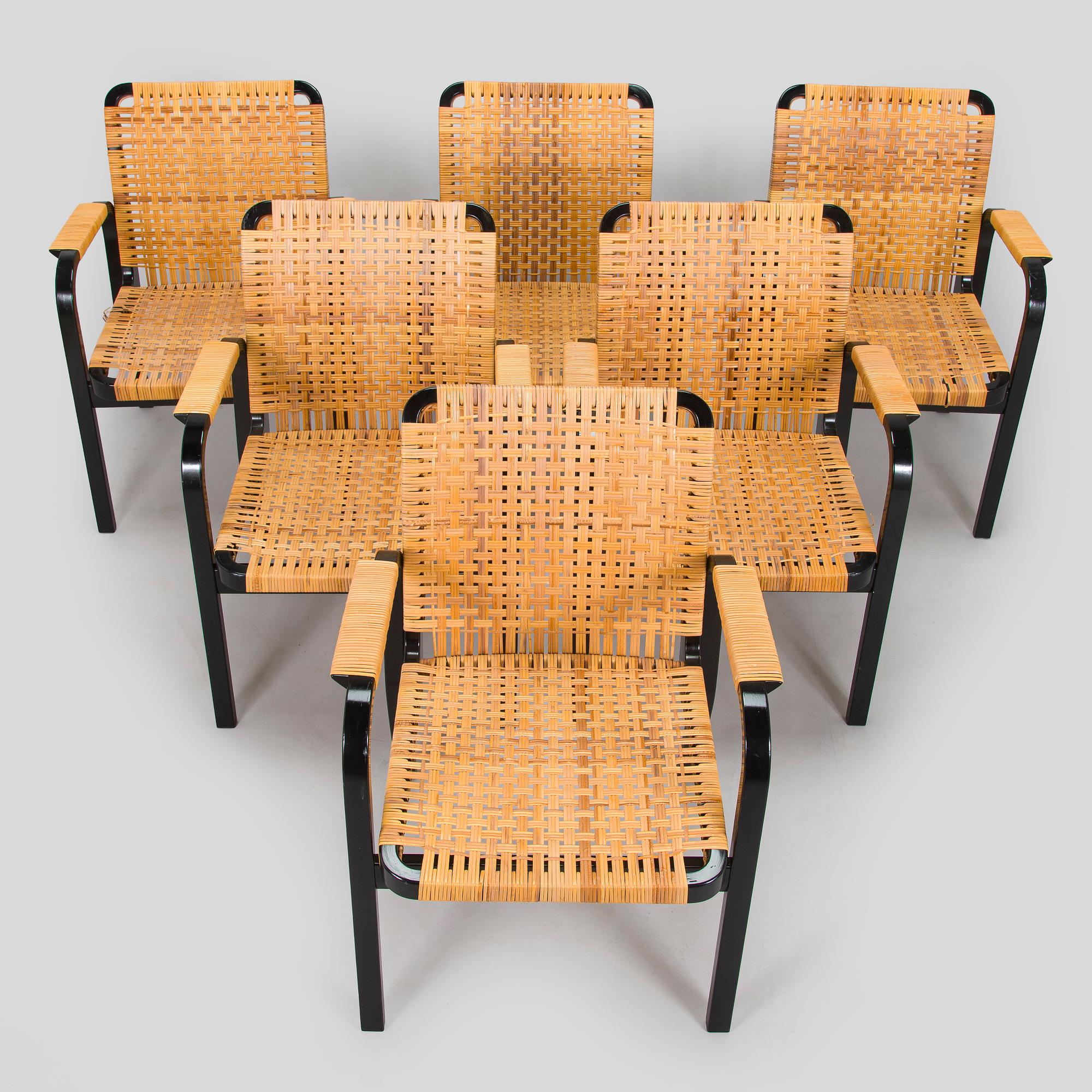 Alvar Aalto, karmstolar, 6 st, modell 45, för Artek 1970-tal.