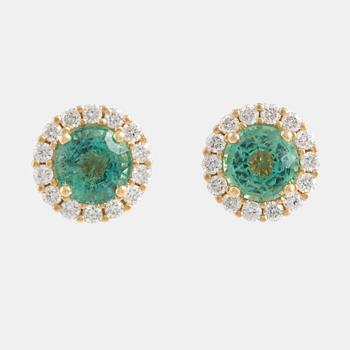 Emerald and brilliant cut diamond earrings.