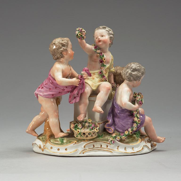 A set of four Meissen allegorical figure groups, 18th Century, three of them with the Marcolini mark (1774-1814).