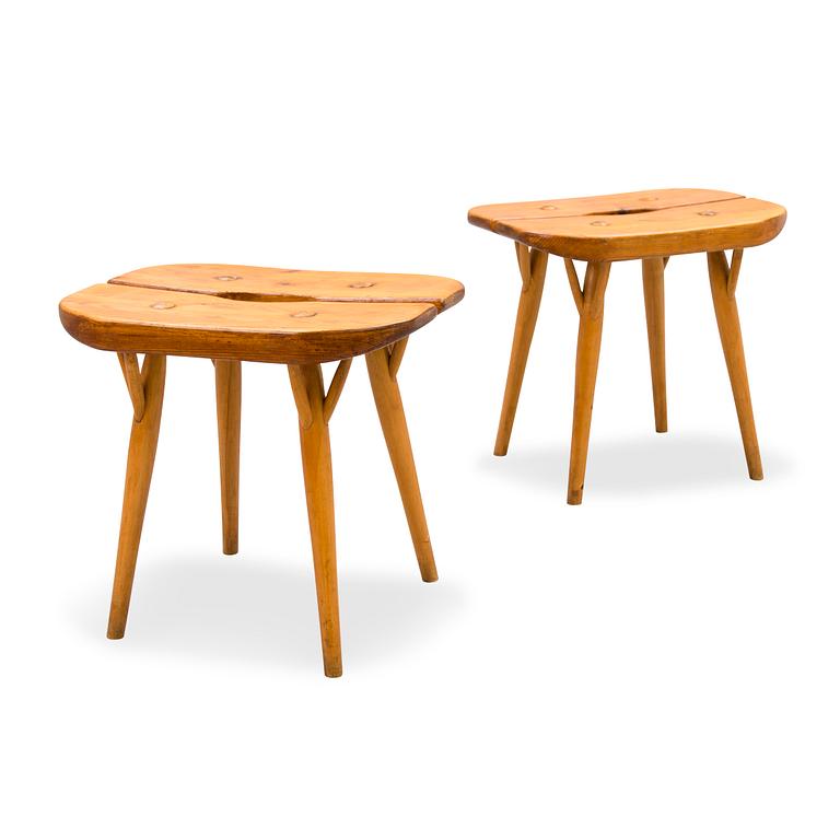 Ilmari Tapiovaara, Two mid 20th century special edition 'Pirkka' stools likely manufactured by Laukaan Puu, Finland.